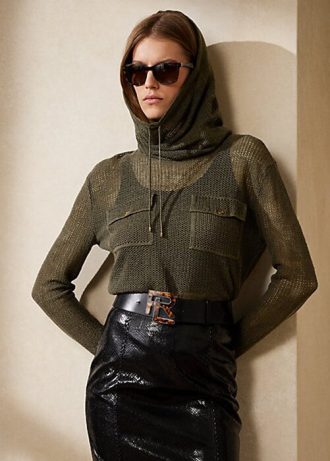 Suéteres Ralph Lauren de malla de seda y lino con cuello alzado para mujer en color oliva Suéteres Ralph Lauren de malla de seda y lino con cuello alzado para mujer en color oliva