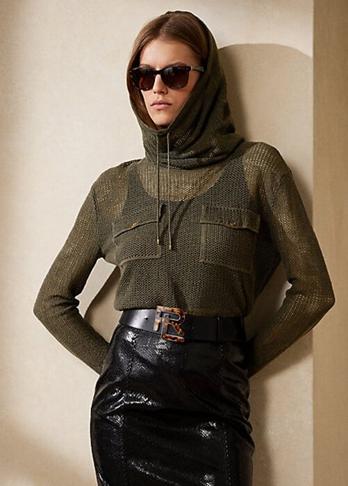 Suéteres Ralph Lauren de malla de seda y lino con cuello alzado para mujer en color oliva Suéteres Ralph Lauren de malla de seda y lino con cuello alzado para mujer en color oliva