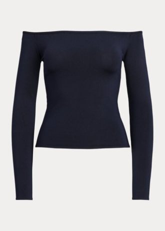 Suéteres Ralph Lauren de seda morera con hombros descubiertos para mujer en color azul marino Suéteres Ralph Lauren de seda morera con hombros descubiertos para mujer en color azul marino