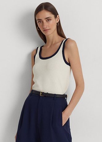 Suéteres sin mangas Ralph Lauren de mezcla de algodón bicolor para mujer, color crema/azul marino Suéteres sin mangas Ralph Lauren de mezcla de algodón bicolor para mujer, color crema/azul marino