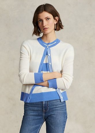 Suéteres tipo cárdigan de cachemira con escudo de Ralph Lauren para mujer en azul/crema Suéteres tipo cárdigan de cachemira con escudo de Ralph Lauren para mujer en azul/crema