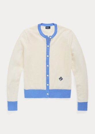 Suéteres tipo cárdigan de cachemira con escudo de Ralph Lauren para mujer en azul/crema Suéteres tipo cárdigan de cachemira con escudo de Ralph Lauren para mujer en azul/crema
