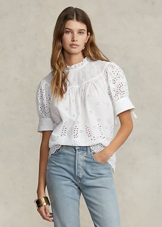 Tops de algodón con bordado de ojales de Ralph Lauren para mujer en blanco