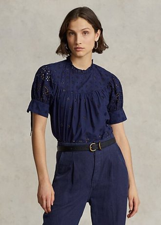 Tops de algodón con bordado de ojales de Ralph Lauren para mujer en color azul marino
