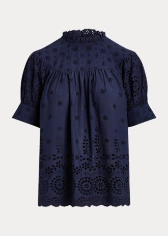 Tops de algodón con bordado de ojales de Ralph Lauren para mujer en color azul marino