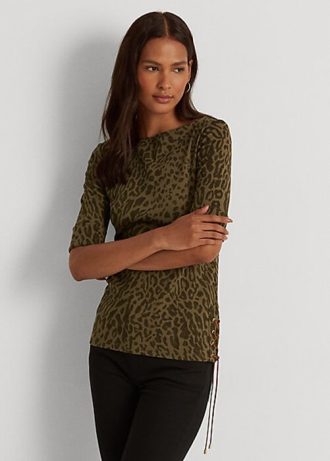 Tops de cuello barco de algodón con estampado de ocelote de Ralph Lauren para mujer en color oliva