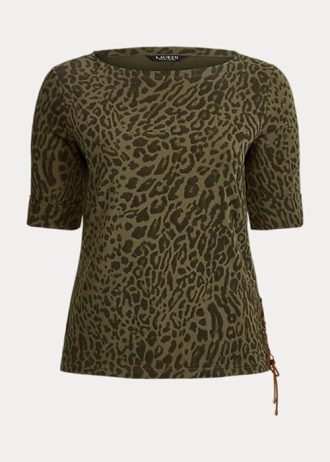 Tops de cuello barco de algodón con estampado de ocelote de Ralph Lauren para mujer en color oliva