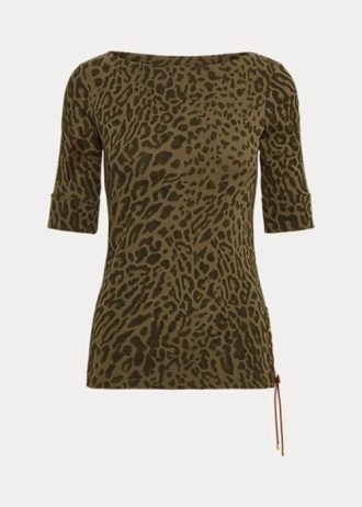 Tops de cuello barco de algodón con estampado de ocelote de Ralph Lauren para mujer en color oliva