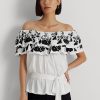 Tops de jersey bordado Ralph Lauren con hombros descubiertos en blanco y negro para mujer