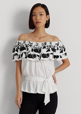 Tops de jersey bordado Ralph Lauren con hombros descubiertos en blanco y negro para mujer