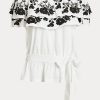 Tops de jersey bordado Ralph Lauren con hombros descubiertos en blanco y negro para mujer
