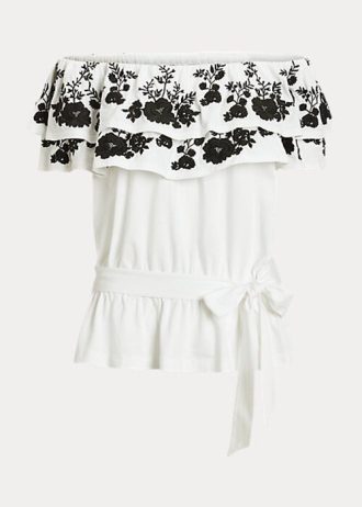 Tops de jersey bordado Ralph Lauren con hombros descubiertos en blanco y negro para mujer