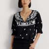 Tops de jersey bordado Ralph Lauren negros con cuello anudado para mujer Tops de jersey bordado Ralph Lauren negros con cuello anudado para mujer