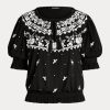 Tops de jersey bordado Ralph Lauren negros con cuello anudado para mujer Tops de jersey bordado Ralph Lauren negros con cuello anudado para mujer