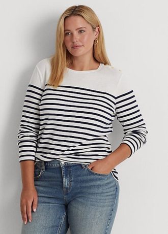 Tops de manga larga de algodón a rayas Ralph Lauren para mujer en blanco y azul marino