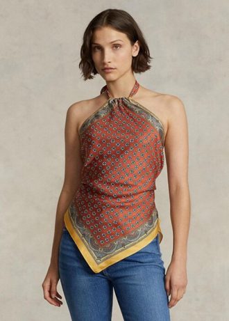 Tops halter de seda morera con motivo de bufanda de Ralph Lauren para mujer en color marrón