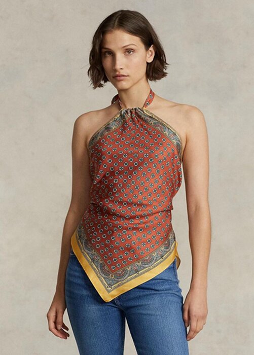 Tops halter de seda morera con motivo de bufanda de Ralph Lauren para mujer en color marrón Tops halter de seda morera con motivo de bufanda de Ralph Lauren para mujer en color marrón