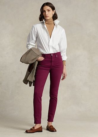 Vaqueros ajustados de tiro alto Ralph Lauren Tompkins para mujer en color burdeos