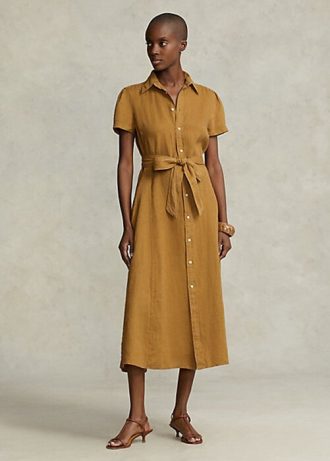 Vestido corto de lino con cinturón Ralph Lauren para mujer, color marrón