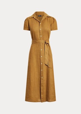 Vestido corto de lino con cinturón Ralph Lauren para mujer, color marrón