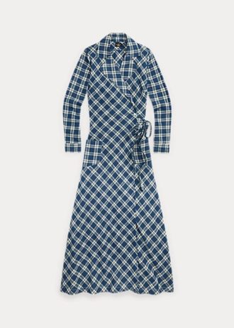 Vestido cruzado de gasa de algodón a cuadros azul Ralph Lauren para mujer