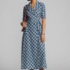 Vestido cruzado de gasa de algodón a cuadros azul Ralph Lauren para mujer