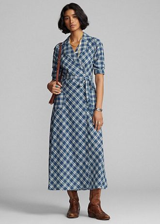 Vestido cruzado de gasa de algodón a cuadros azul Ralph Lauren para mujer