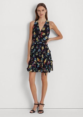 Vestido cruzado de georgette arrugado con flores multicolor de Ralph Lauren para mujer