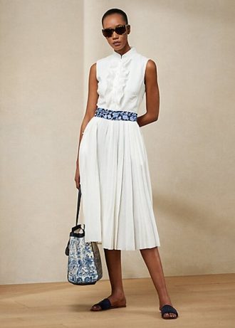 Vestido de día plisado de lino sin mangas Ralph Lauren Roald para mujer, color blanco