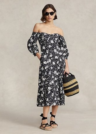 Vestido de lino con hombros descubiertos y estampado floral de Ralph Lauren para mujer, color negro y crema Vestido de lino con hombros descubiertos y estampado floral de Ralph Lauren para mujer, color negro y crema