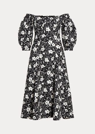 Vestido de lino con hombros descubiertos y estampado floral de Ralph Lauren para mujer, color negro y crema Vestido de lino con hombros descubiertos y estampado floral de Ralph Lauren para mujer, color negro y crema