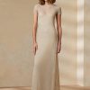 Vestido de noche de manga corta de malla Ralph Lauren en beige para mujer