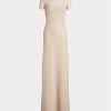 Vestido de noche de manga corta de malla Ralph Lauren en beige para mujer