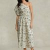 Vestido de popelina fruncido asimétrico con estampado floral de Ralph Lauren para mujer, negro/beige Vestido de popelina fruncido asimétrico con estampado floral de Ralph Lauren para mujer, negro/beige