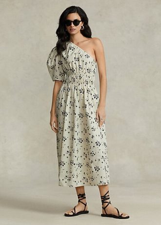 Vestido de popelina fruncido asimétrico con estampado floral de Ralph Lauren para mujer, negro/beige Vestido de popelina fruncido asimétrico con estampado floral de Ralph Lauren para mujer, negro/beige