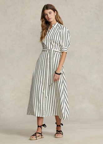 Vestido de seda morera a rayas Ralph Lauren para mujer en color crema/negro