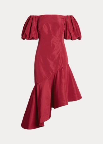 Vestido de tafetán asimétrico con volantes de Ralph Lauren para mujer, color rojo