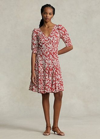 Vestido floral de crepé Godet con mangas de cordero de Ralph Lauren para mujer