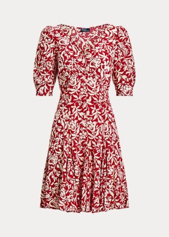 Vestido floral de crepé Godet con mangas de cordero de Ralph Lauren para mujer