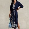 Vestido largo de gasa con bordado floral de Ralph Lauren para mujer en color azul marino Vestido largo de gasa con bordado floral de Ralph Lauren para mujer en color azul marino