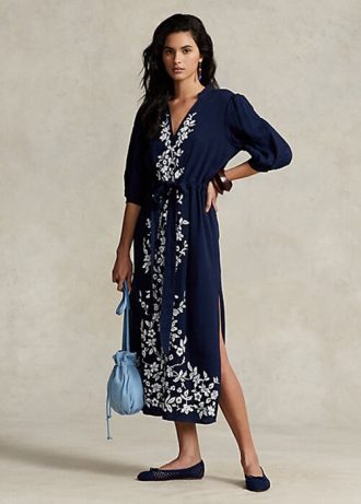 Vestido largo de gasa con bordado floral de Ralph Lauren para mujer en color azul marino
