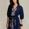 Vestido largo de gasa con bordado floral de Ralph Lauren para mujer en color azul marino Vestido largo de gasa con bordado floral de Ralph Lauren para mujer en color azul marino