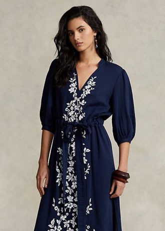 Vestido largo de gasa con bordado floral de Ralph Lauren para mujer en color azul marino