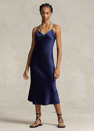 Vestido lencero midi de seda morera Ralph Lauren para mujer, color azul marino