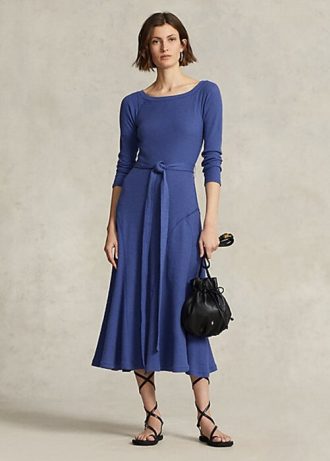 Vestido midi de algodón Ralph Lauren con cuello barco para mujer en color azul marino