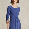 Vestido midi de algodón Ralph Lauren con cuello barco para mujer en color azul marino Vestido midi de algodón Ralph Lauren con cuello barco para mujer en color azul marino