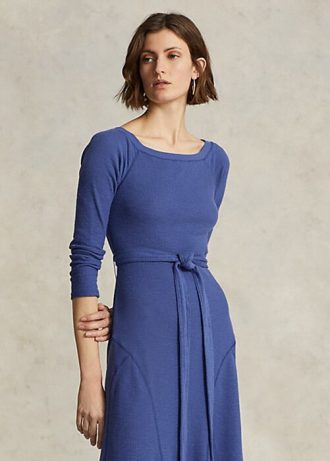 Vestido midi de algodón Ralph Lauren con cuello barco para mujer en color azul marino
