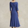 Vestido midi de algodón Ralph Lauren con cuello barco para mujer en color azul marino Vestido midi de algodón Ralph Lauren con cuello barco para mujer en color azul marino