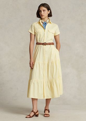 Vestido Ralph Lauren amarillo con cinturón y capas para mujer Vestido Ralph Lauren amarillo con cinturón y capas para mujer
