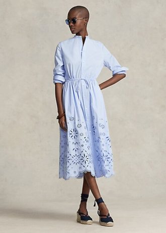 Vestido Ralph Lauren azul claro con bordado de ojales para mujer Vestido Ralph Lauren azul claro con bordado de ojales para mujer